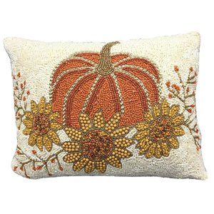 2 Autumn Hill Beaded Orange Pumpkin Sunflower Accent Pillow Set Fall Decor 12x16